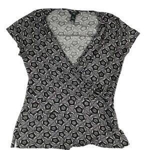 H&M Blouse Top Womens Large Black Geometric Print Crossover V Neck Y2K Pullover